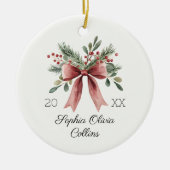 Waterverf baby's eerste kerstnaam rood rustiek keramisch ornament (Voorkant)