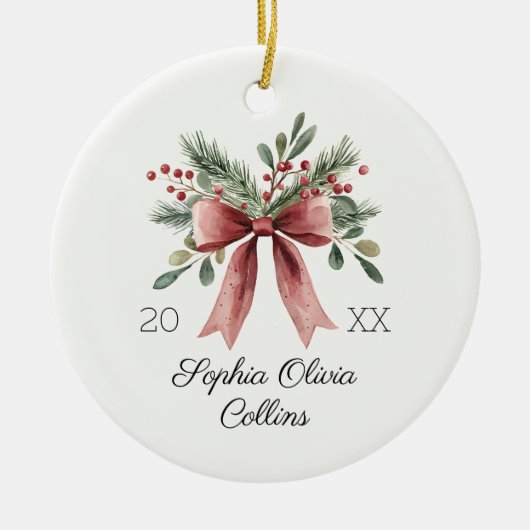 Waterverf baby's eerste kerstnaam rood rustiek keramisch ornament (Voorkant)