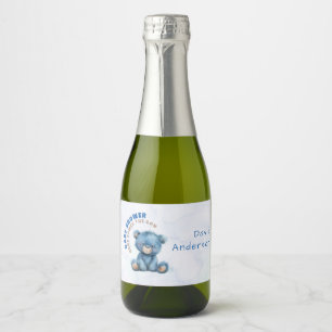 Waterverf babyshower jongen blauwe teddybeer sparkling wijnetiket
