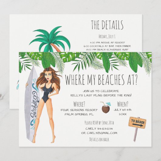 Waterverf Bachelorette Surf Beach Party Kaart (Voorkant / Achterkant)