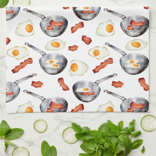 Waterverf Bacon & Eggs Ontbijt Voedingspatroon Theedoek (Gevouwen)
