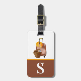 Waterverf Bagage, bruin, geel Initiaal van Kind Bagagelabel