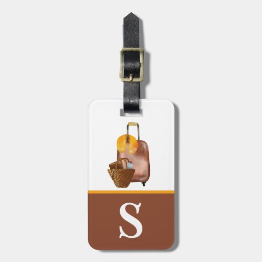 Waterverf Bagage, bruin, geel Initiaal van Kind Bagagelabel (Voorkant verticaal)