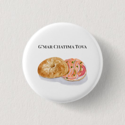 Waterverf Bagels Smoke Salmon G'mar Chatima Tova Ronde Button 3,2 Cm (Voorkant)