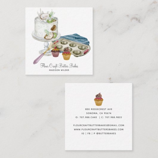 Waterverf Baker Pastry Chef Bked Good Tools Vierkante Visitekaartje (Voorkant / Achterkant)