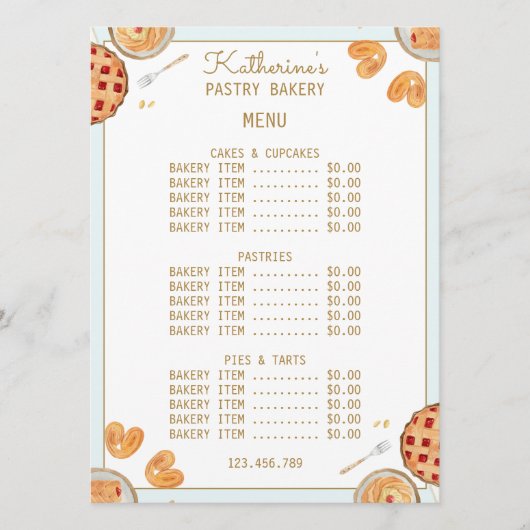 Waterverf Baking Pie en gebak Winkel Bakkerij Menu (Voorkant)