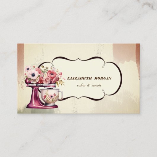 Waterverf Bakkerij Gebak Bloemen Rode Retro Mixer Visitekaartje (Voorkant)