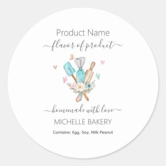 Waterverf Bakkerij gebruiksvoorwerpen Productnaam Ronde Sticker (Voorkant)