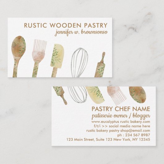 Waterverf Bakkerij Rustic Floral leuke chef-kok Visitekaartje (Voorkant / Achterkant)