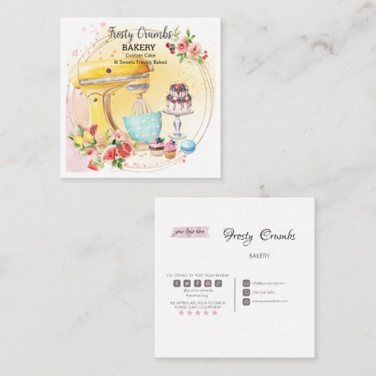 Waterverf bakkerijbanketbakkerswaren Cupcakes Squa Vierkante Visitekaartje (Voorkant / Achterkant)