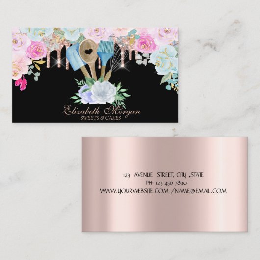 Waterverf bakkerijgereedschap Bloemen Roos gouden Visitekaartje (Voorkant / Achterkant)