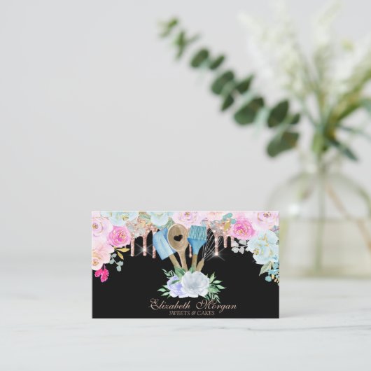 Waterverf bakkerijgereedschap Bloemen Roos gouden Visitekaartje (Staand voorkant)