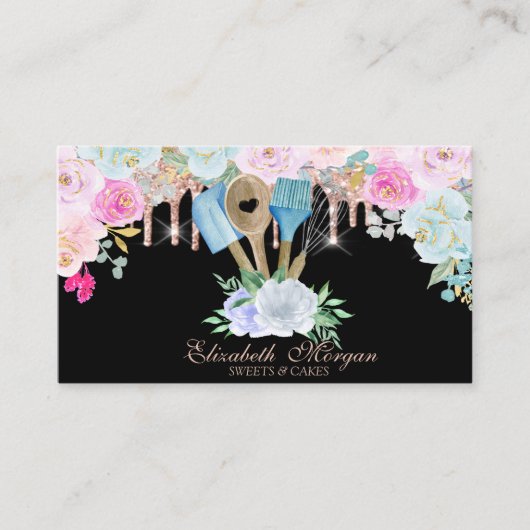 Waterverf bakkerijgereedschap Bloemen Roos gouden Visitekaartje (Voorkant)