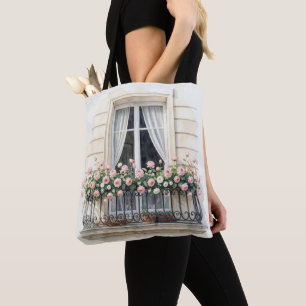 Waterverf balkon met rozen in Parijs Tote Bag