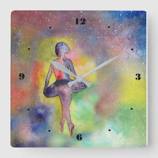 Waterverf Ballerina Space Wall Clock Vierkante Klok (Voorkant)