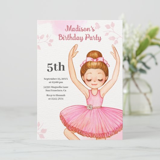 Waterverf Ballerina Verjaardagsuitnodiging Kaart (Staand voorkant)