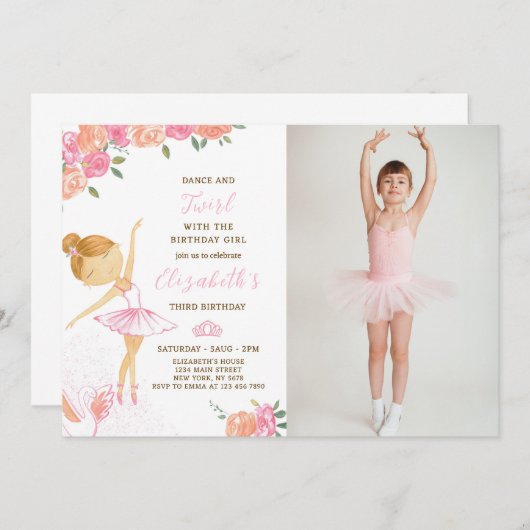 Waterverf Ballerina Verjaardagsuitnodiging met fot Kaart (Voorkant / Achterkant)