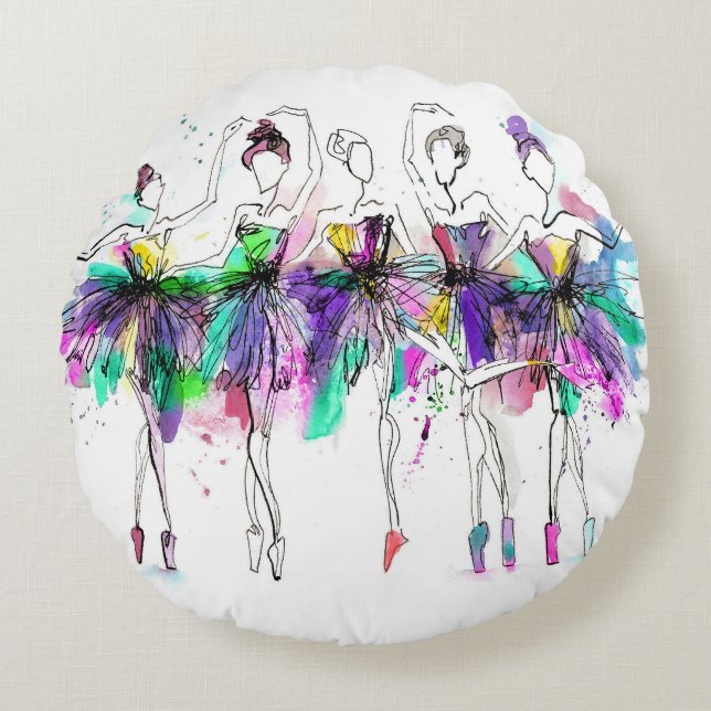 Waterverf Ballerina's: Bright Dance Illustratie Rond Kussen (Voorkant)