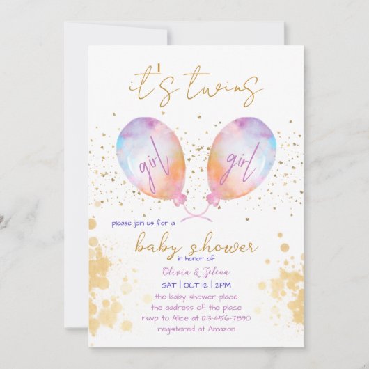 Waterverf ballon roze tweeling meisje Baby shower Kaart (Voorkant)