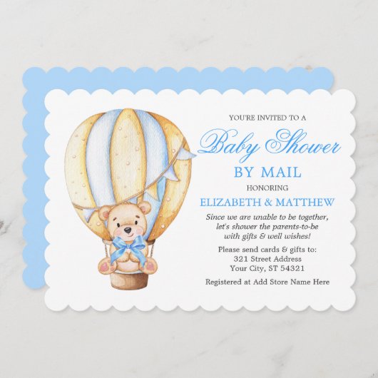 Waterverf Ballon Teddy Bear Blue Shower per mail Kaart (Voorkant / Achterkant)