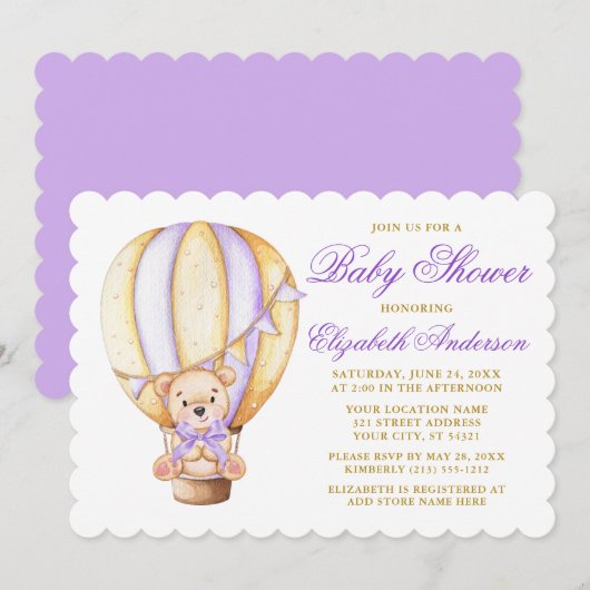 Waterverf Ballon Teddy Bear Paars Baby shower Kaart (Voorkant / Achterkant)