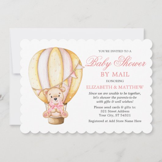 Waterverf Ballon Teddy Bear Pink Shower bij e-mail Kaart (Voorkant)