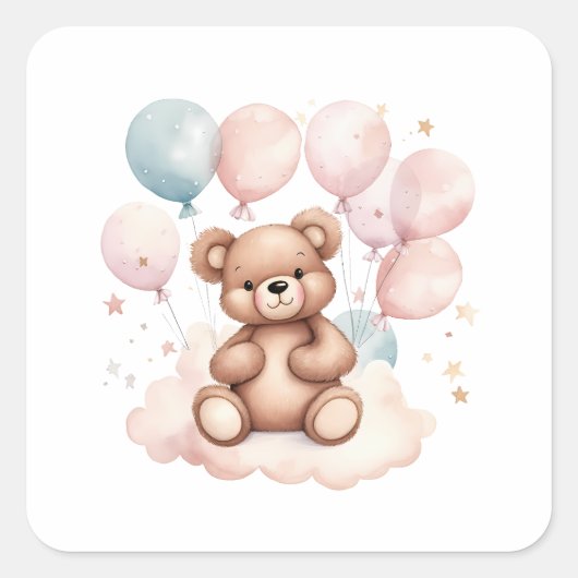 Waterverf ballon teddybeer vierkante sticker (Voorkant)