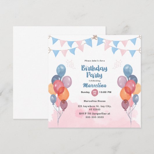 Waterverf Ballon verjaardagsfeest Uitnodiging Kaar (Voorkant / Achterkant)