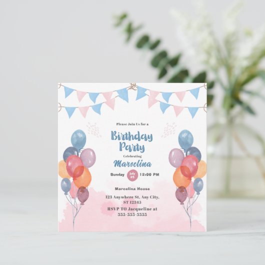 Waterverf Ballon verjaardagsfeest Uitnodiging Kaar (Staand voorkant)