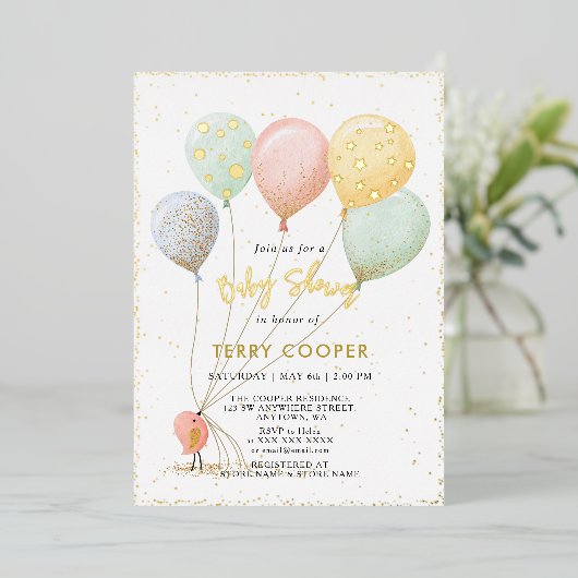 Waterverf ballonbaby shower folie uitnodiging (Staand Voorkant)