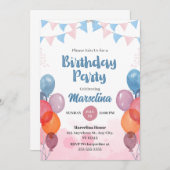 Waterverf ballonmeisje jarig Uitnodiging Kaart (Voorkant / Achterkant)