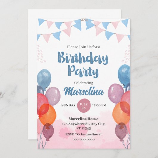 Waterverf ballonmeisje jarig Uitnodiging Kaart (Voorkant / Achterkant)