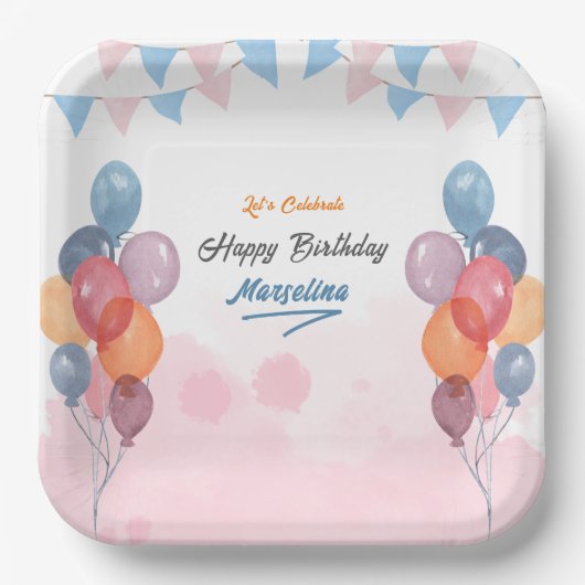 Waterverf ballonmeisje verjaardagsfeest Papier Bor Papieren Bordje (Voorkant)