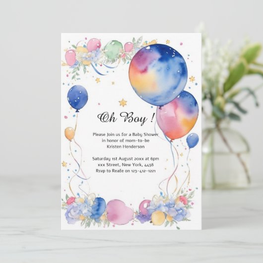 Waterverf ballonnen Baby shower uitnodiging (Staand voorkant)