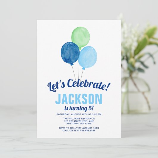 Waterverf-ballonnen Jongen Birthday-uitnodigingen Kaart (Staand voorkant)