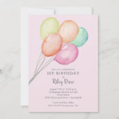 Waterverf ballonnen meisje 1e verjaardag uitnodigi (Voorkant)