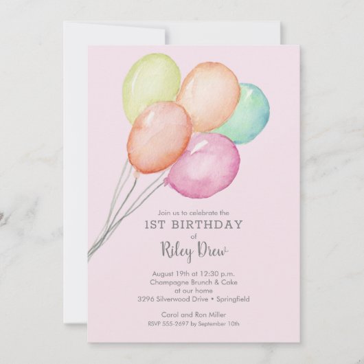 Waterverf ballonnen meisje 1e verjaardag uitnodigi (Voorkant)
