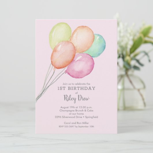 Waterverf ballonnen meisje 1e verjaardag uitnodigi (Staand voorkant)