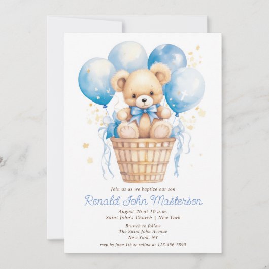 Waterverf Ballonnen met Teddy Bear Boy Doop Kaart (Voorkant)