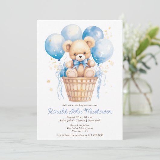 Waterverf Ballonnen met Teddy Bear Boy Doop Kaart (Staand voorkant)