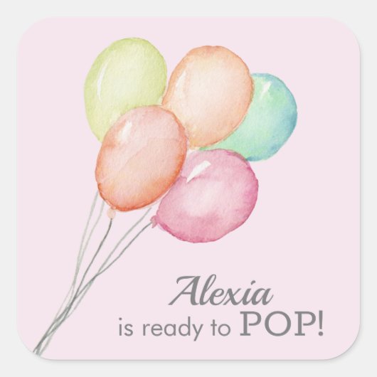 Waterverf ballonnen op roze Baby Baby shower Vierkante Sticker (Voorkant)