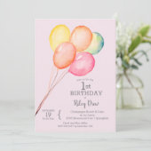 Waterverf ballonnen Roze 1ste verjaardag Uitnodigi Kaart (Staand voorkant)