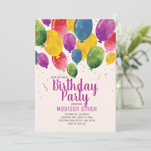 Waterverf Ballonnen Verjaardagsfeestuitnodiging Kaart (Staand voorkant)