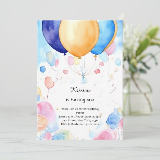 Waterverf Balloon 1e Verjaardagsuitnodiging Kaart (Staand voorkant)