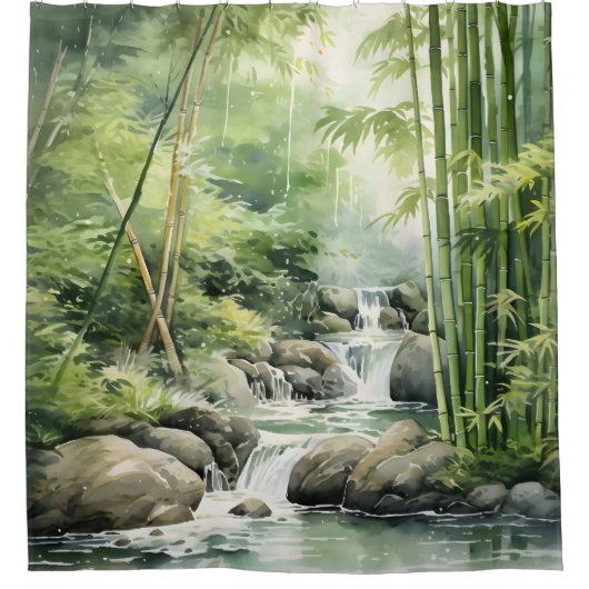 Waterverf Bamboe Forest waterval Douchegordijn (Voorkant)