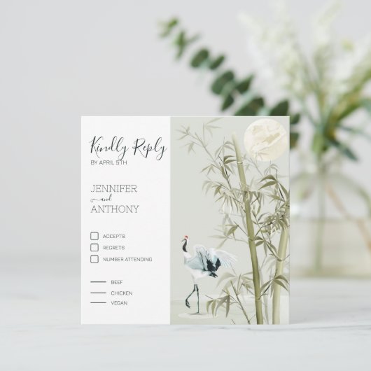 Waterverf Bamboo Moon en Crane Bird (Staand voorkant)