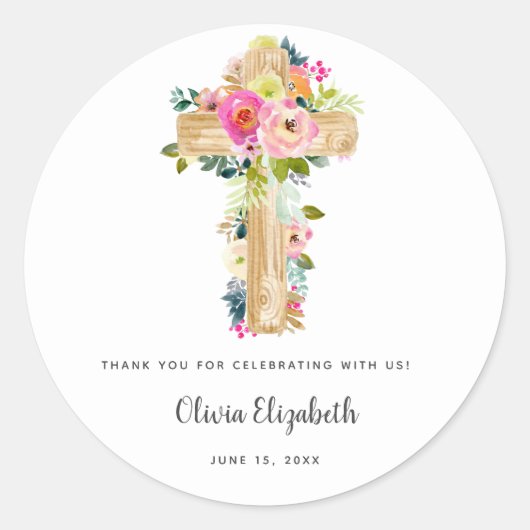 Waterverf Baptism Floral Cross Christening Ronde Sticker (Voorkant)