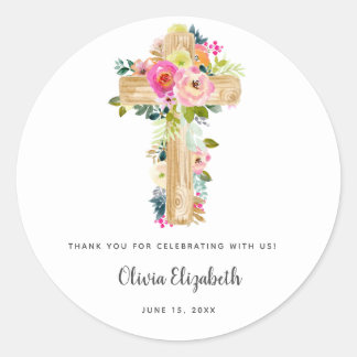 Waterverf Baptism Floral Cross Christening Ronde Sticker