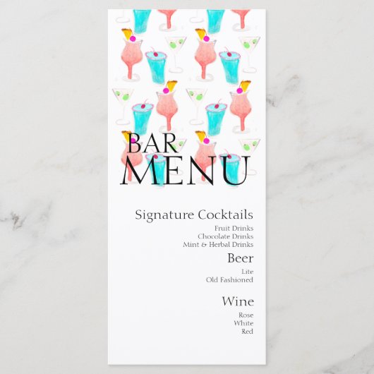 Waterverf Bar Drank Cocktail Wijn Bruiloft  Menu (Voorkant)