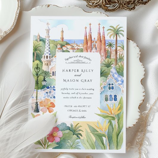 Waterverf Barcelona Destination Wedding Kaart